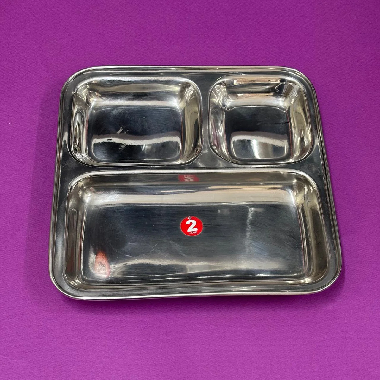 Square Partition Tiffin Plate | 3 Compartment in Stainless Steel